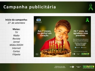 Campanha publicitária
Início da campanha:
27 de setembro
Meios:
TV
Rádio
Revista
Jornal
Mídia DOOH
Internet
Cartaz
Filipeta
 