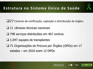 Estrutura no Sistema Único de Saúde
27 Centrais de notificação, captação e distribuição de órgãos
 11 câmaras técnicas nacionais
 748 serviços distribuídos em 467 centros
 1.047 equipes de transplantes
 71 Organizações de Procura por Órgãos (OPOs) em 17
estados – em 2010 eram 12 OPOs
 