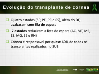 Evolução do transplante de córnea
 Quatro estados (SP, PE, PR e RS), além do DF,
acabaram com fila de espera
 7 estados reduziram a lista de espera (AC, MT, MS,
ES, MG, SE e RN)
 Córnea é responsável por quase 60% de todos os
transplantes realizados no SUS
 