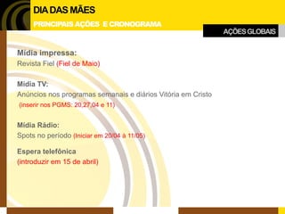 Mídia impressa: 
Revista Fiel (Fiel de Maio) 
Mídia TV: 
Anúncios nos programas semanais e diários Vitória em Cristo 
(inserir nos PGMS: 20,27,04 e 11) 
Mídia Rádio: 
Spots no período (Iniciar em 20/04 à 11/05) 
Espera telefônica 
(introduzir em 15 de abril) 
AÇÕES GLOBAIS 
DIA DAS MÃES 
PRINCIPAIS AÇÕES E CRONOGRAMA  