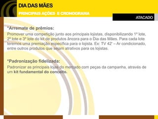 ATACADO 
DIA DAS MÃES 
PRINCIPAIS AÇÕES E CRONOGRAMA 
*Arremate de prêmios: 
Promover uma competição junto aos principais lojistas, disponibilizando 1º lote, 2º lote e 3º lote do kit de produtos âncora para o Dia das Mães. Para cada lote teremos uma premiação específica para o lojista. Ex: TV 42' – Ar condicionado, entre outros produtos que sejam atrativos para os lojistas. 
*Padronização fidelizada: 
Padronizar as principais lojas do mercado com peças da campanha, através de um kit fundamental do conceito.  