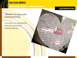 *Modelo de peça para endomarketing: 
Conceito da campanha com os nomes da colaboradoras. 
ENDOMARKETING 
DIA DAS MÃES 
PRINCIPAIS AÇÕES E CRONOGRAMA  