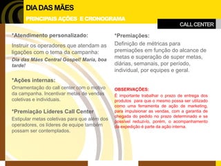 *Atendimento personalizado: 
Instruir os operadores que atendam as ligações com o tema da campanha: 
Dia das Mães Central Gospel! Maria, boa tarde! 
*Ações internas: 
Ornamentação do call center com o motivo da campanha. Incentivar metas de vendas coletivas e individuais. 
*Premiação Líderes Call Center 
Estipular metas coletivas para que além dos operadores, os líderes de equipe também possam ser contemplados. 
*Premiações: 
Definição de métricas para premiações em função do alcance de metas e superação de super metas, diárias, semanais, por período, individual, por equipes e geral. 
OBSERVAÇÕES: 
É importante trabalhar o prazo de entrega dos produtos para que o mesmo possa ser utilizado como uma ferramenta de ação de marketing, para impulsionar as vendas, com a garantia de chegada do pedido no prazo determinado e se possível reduzi-lo, porém, o acompanhamento da expedição é parte da ação interna. 
CALL CENTER 
DIA DAS MÃES 
PRINCIPAIS AÇÕES E CRONOGRAMA  