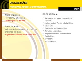 Mídia impressa: 
Revista CG Shopping 
Distribuição: 10 de abril 
Mídia de apoio: 
Veiculação bi-semanal de outdoors próximos as lojas. 
Sugestão bi -semana: inicio 15 de abril 
ESTRATÉGIA: 
Promoção em todos os canais de vendas; 
Ações no Call Center e Loja Virtual; 
Lojas CG. 
Comercial Vitória em Cristo. 
Template loja virtual. 
Espera telefônica personalizada 
Spot rádios 
Outdoors 
Mídia externa 
MÍDIA 
DIA DAS MÃES 
PRINCIPAIS AÇÕES E CRONOGRAMA  