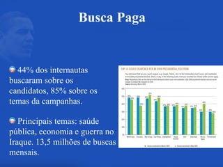 Principais temas: saúde pública, economia e guerra no Iraque. 13,5 milhões de buscas  mensais. 44% dos internautas buscaram sobre os candidatos, 85% sobre os temas da campanhas. Busca Paga 