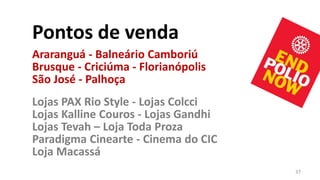 Pontos de venda
Araranguá - Balneário Camboriú
Brusque - Criciúma - Florianópolis
São José - Palhoça
Lojas PAX Rio Style - Lojas Colcci
Lojas Kalline Couros - Lojas Gandhi
Lojas Tevah – Loja Toda Proza
Paradigma Cinearte - Cinema do CIC
Loja Macassá
                                      37
 