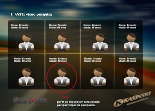 perﬁl do motolover selecionado
paraparticipar da campanha.
1. FASE: vídeo pesquisa
 