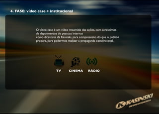 4. FASE: vídeo case + institucional
O vídeo case é um vídeo resumido das ações, com acrescimos
de depoimentos de pessoas internas
como diretores da Kasinski, para compreensão do que o público
procura, para podermos realizar a propaganda convêncional.
TV CINEMA RÁDIO
 