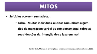 • Suicídios ocorrem sem avisos;
• Falso. Muitos indivíduos suicidas comunicam algum
tipo de mensagem verbal ou comportamental sobre as
suas ideações da intenção de se fazerem mal.
MITOS
Fonte: OMS, Manual de prevenção do suicídio, um recurso para Conselheiros, 2006.
 