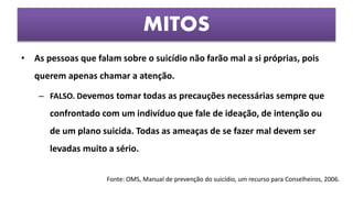 • As pessoas que falam sobre o suicídio não farão mal a si próprias, pois
querem apenas chamar a atenção.
– FALSO. Devemos tomar todas as precauções necessárias sempre que
confrontado com um indivíduo que fale de ideação, de intenção ou
de um plano suicida. Todas as ameaças de se fazer mal devem ser
levadas muito a sério.
MITOS
Fonte: OMS, Manual de prevenção do suicídio, um recurso para Conselheiros, 2006.
 