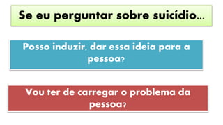 Se eu perguntar sobre suicídio...
Posso induzir, dar essa ideia para a
pessoa?
Vou ter de carregar o problema da
pessoa?
 