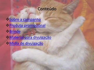Conteúdo
Sobre a campanha
Produto promocional
Brinde
Material para divulgação
Midia de divulgação

 