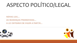 ASPECTO POLÍTICO/LEGAL
NOVAS LEIS...
AS MUDANÇAS PROMOVIDAS...
A LEI ENTRARÁ EM VIGOR A PARTIR...
 
