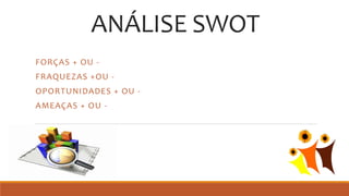 ANÁLISE SWOT
FORÇAS + OU -
FRAQUEZAS +OU -
OPORTUNIDADES + OU -
AMEAÇAS + OU -
 