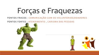 Forças e Fraquezas
PONTOS FRACOS : COMUNICAÇÃO COM OS VOLUNTÁRIOS/DOADORES
PONTOS FORTES : ATENDIMENTO , CARISMA DAS PESSOAS
 