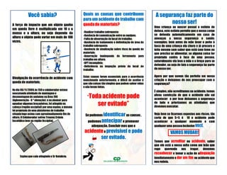 Você sabia?                            Quais as causas que contribuem                       A segurança faz parte do
                                                    para um acidente de trabalho com
A força de impacto que um objeto ganha              queda de materiais?                                         nosso ser!
                                                                                                        Uma criança ao nascer possui o extinto de
em queda livre é multiplicada em 10 x a
                                                    •Realizar trabalho sobreposto;                      defesa, este extinto permite que o nosso corpo
massa e a altura, ou seja dependo da                                                                    se defenda automaticamente em casa de
                                                    •Ausência de comunicação entre as equipes;
altura o objeto pode variar em mais de 100          •Falta de observação do local de trabalho;          ameaças a nossa segurança e saúde;
vezes.                                              •Ausência de isolamento e delimitação de área de    exemplos; bem antes da mãe levar o peito à
                                                    trabalho sobreposto;                                boca de uma criança ela chora e já procura o
                                                    •Ausência de sinalização sobre risco de queda de    leite mesmo sem saber que está com fome ou
                                                    materiais;                                          que precisa se alimentar, se alguma coisa for
                                                    •Amarração inadequada da ferramenta para            projetada contra à face de uma pessoa,
                                                    trabalho em altura;
                                                                                                        naturalmente ela leva a mão e o braço para se
                                                    •APT incompleta;
                                                    •Deficiência na inspeção prévio do local de
                                                                                                        defender, ou seja de fato a segurança faz parte
                                                    trabalho;                                           do nosso ser.

                                                    Estas causas foram essenciais para a ocorrência     Agora por que somos tão perfeito em nossa
Divulgação da ocorrência de acidente com
                                                    mencionado anteriormente, o difícil de aceitar é    criação e deixamos de nos preocupar com a
queda de materiais;                                 que são coisas tão simples que podem salvar vidas   segurança?
                                                    e não foram feitas.
No dia 06/11/2009, às 15O o colaborador estava
                                                                                                        É simples, não acreditamos no acidente, temos
executando atividade de montagem e
desmontagem de andaime na Área 700                     “Toda acidente pode                              plena convicção de que o acidente não vai
                                                                                                        acontecer e por isso deixamos a segurança
(Aglomeração - 6 º elevação), e ao abaixar para
apanhar algumas braçadeiras, foi atingido na
cabeça (região occipital) por uma espina, a mesma
                                                               ser evitado”                             de lado e priorizamos as atividades que
                                                                                                        devemos executar.
foi projetada de uma plataforma de trabalho
situada logo acima com aproximadamente 8m de         Se podemos identificar as causas ,                 Veja bem se ficarmos expostos aos riscos, tão
altura. O Colaborador sofreu Trauma Crânio                                                              certo de que 5+5 é 10 o acidente pode
Encefálico leve na região Occipital.                   podemos antecipar e promover                     acontecer a qualquer momento e com
                                                         adequação. Concluir mos que o                  qualquer uma pessoa inclusive VOCÊ.
                                                     acidente é previsível e pode                                   VAMOS MUDAR!
                                                            ser evitado.
                                                                                                        Temos que acreditar no acidente, saber
                                                                                                        que ele está a nossa volta como um leão que
                                                                                                        ruge querendo nos tragar, devemos
                                                                                                        reconhecer e tomar a ação de adequação
      Espina que caiu atingindo o Sr Natalício.
                                                                                                        imediatamente e dar um fim no acidente que
                                                                                                        nos rodeia.
 