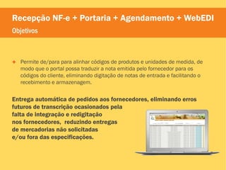 Recepção NF-e + Portaria + Agendamento + WebEDI
Objetivos



   Permite de/para para alinhar códigos de produtos e unidades de medida, de
    modo que o portal possa traduzir a nota emitida pelo fornecedor para os
    códigos do cliente, eliminando digitação de notas de entrada e facilitando o
    recebimento e armazenagem.


Entrega automática de pedidos aos fornecedores, eliminando erros
futuros de transcrição ocasionados pela
falta de integração e redigitação
nos fornecedores, reduzindo entregas
de mercadorias não solicitadas
e/ou fora das especificações.
 