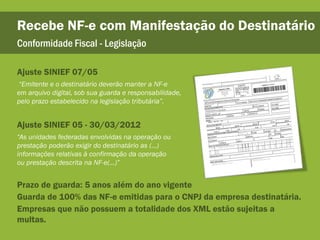 Recebe NF-e com Manifestação do Destinatário
Conformidade Fiscal - Legislação

Ajuste SINIEF 07/05
“Emitente e o destinatário deverão manter a NF-e
em arquivo digital, sob sua guarda e responsabilidade,
pelo prazo estabelecido na legislação tributária”.


Ajuste SINIEF 05 - 30/03/2012
“As unidades federadas envolvidas na operação ou
prestação poderão exigir do destinatário as (...)
informações relativas à confirmação da operação
ou prestação descrita na NF-e(...)”


Prazo de guarda: 5 anos além do ano vigente
Guarda de 100% das NF-e emitidas para o CNPJ da empresa destinatária.
Empresas que não possuem a totalidade dos XML estão sujeitas a
multas.
 