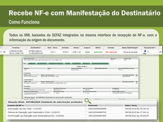 Recebe NF-e com Manifestação do Destinatário
Como Funciona

Todos os XML baixados da SEFAZ integrados na mesma interface de recepção de NF-e, com a
informação da origem do documento.
 