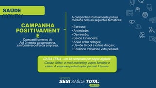 A campanha Positivamente possui
módulos com as seguintes temáticas:
• Estresse;
• Ansiedade;
• Depressão;
• Saúde Financeira;
• Apoio entre colegas;
• Uso de álcool e outras drogas;
• Equilíbrio trabalho e vida pessoal.
SAÚDE
MENTAL
CAMPANHA
POSITIVAMENT
E
Compartilhamento de
Até 3 temas da campanha,
conforme escolha da empresa.
CADA TEMA - um kit composto por peças digitais:
Cartaz, folder, e-mail marketing, papel bandeja e
vídeo. A empresa poderá optar por até 3 temas.
 