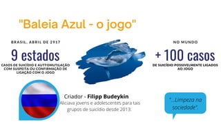 "Baleia Azul - o jogo"
Aliciava jovens e adolescentes para tais
grupos de suicídio desde 2013.
9 estados
CASOS DE SUICÍDIO E AUTTOMUTILAÇÃO
COM SUSPEITA OU CONFIRMAÇÃO DE
LIGAÇÃO COM O JOGO
B R A S I L , A B R I L D E 2 9 1 7
+ 100 casos
DE SUICÍDIO POSSIVELMENTE LIGADOS
AO JOGO
N O M U N D O
Criador - Filipp Budeykin
"...Limpeza na
sociedade".
 