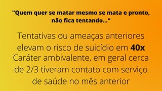 "Quem quer se matar mesmo se mata e pronto,
não fica tentando..."
Tentativas ou ameaças anteriores
elevam o risco de suicídio em 40x
Caráter ambivalente, em geral cerca
de 2/3 tiveram contato com serviço
de saúde no mês anterior
 
