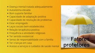 Fatores
protetores
Doença mental tratada adequadamente
Autoestima elevada
Bom suporte familiar
Capacidade de adaptação positiva
Capacidade de resolução de problemas
Estar empregado
Laços sociais bem estabelecidos
Relação terapêutica positiva
Frequência a atividades religiosas
Ter sentido existencial
Senso de responsabilidade com a família
Ter crianças em casa
Acesso a serviços e cuidados de saúde mental
 