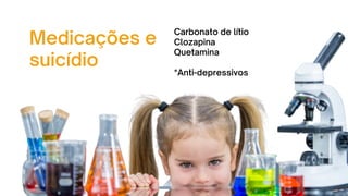 Medicações e
suicídio
Carbonato de lítio
Clozapina
Quetamina
*Anti-depressivos
 