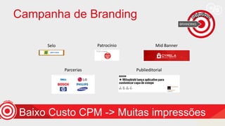 Campanha de Branding
Selo Patrocínio Mid Banner
Parcerias Publieditorial
Baixo Custo CPM -> Muitas impressões
 