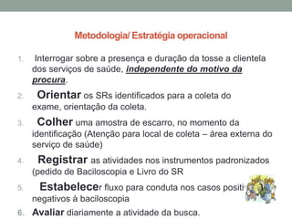 Metodologia/ Estratégia operacional

1.   Interrogar sobre a presença e duração da tosse a clientela
     dos serviços de saúde, independente do motivo da
     procura.
2.    Orientar os SRs identificados para a coleta do
     exame, orientação da coleta.
3.    Colher uma amostra de escarro, no momento da
     identificação (Atenção para local de coleta – área externa do
     serviço de saúde)
4.    Registrar as atividades nos instrumentos padronizados
     (pedido de Baciloscopia e Livro do SR
5.    Estabelecer fluxo para conduta nos casos positivos e
     negativos à baciloscopia
6. Avaliar diariamente a atividade da busca.
 