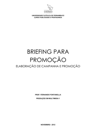 UNIVERSIDADE CATÓLICA DE PERNAMBUCO
          CURSO PUBLICIDADE E PROPAGANDA




     BRIEFING PARA
      PROMOÇÃO
ELABORAÇÃO DE CAMPANHA E PROMOÇÃO




           PROF. FERNANDO FONTANELLA

            PRODUÇÃO EM MULTIMIDIA 1




                 NOVEMBRO - 2012
 