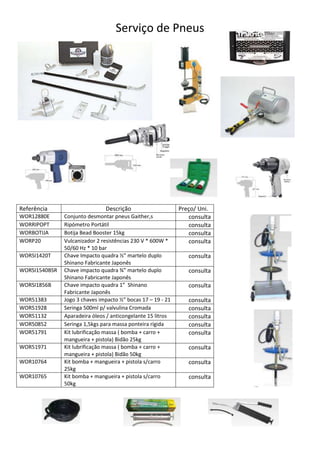 Serviço de Pneus




Referência                     Descrição                     Preço/ Uni.
WOR12880E      Conjunto desmontar pneus Gaither,s               consulta
WORRIPOPT      Ripómetro Portátil                               consulta
WORBOTIJA      Botija Bead Booster 15kg                         consulta
WORP20         Vulcanizador 2 resistências 230 V * 600W *       consulta
               50/60 Hz * 10 bar
WORSI1420T     Chave Impacto quadra ½” martelo duplo            consulta
               Shinano Fabricante Japonês
WORSI1540BSR   Chave impacto quadra ¾” martelo duplo            consulta
               Shinano Fabricante Japonês
WORSI1856B     Chave impacto quadra 1” Shinano                  consulta
               Fabricante Japonês
WOR51383       Jogo 3 chaves impacto ½” bocas 17 – 19 - 21      consulta
WOR51928       Seringa 500ml p/ valvulina Cromada               consulta
WOR51132       Aparadeira óleos / anticongelante 15 litros      consulta
WOR50852       Seringa 1,5kgs para massa ponteira rígida        consulta
WOR51791       Kit lubrificação massa ( bomba + carro +         consulta
               mangueira + pistola) Bidão 25kg
WOR51971       Kit lubrificação massa ( bomba + carro +         consulta
               mangueira + pistola) Bidão 50kg
WOR10764       Kit bomba + mangueira + pistola s/carro          consulta
               25kg
WOR10765       Kit bomba + mangueira + pistola s/carro          consulta
               50kg
 