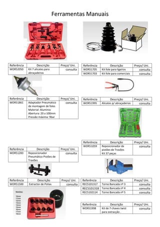 Ferramentas Manuais




Referência          Descrição         Preço/ Uni.   Referência          Descrição           Preço/ Uni.
WOR52050     Kit 7 alicates para         consulta   WOR51705     Kit fole para ligeiros        consulta
             abraçadeiras                           WOR51703     Kit fole para comerciais      consulta




Referência          Descrição         Preço/ Uni.   Referência          Descrição           Preço/ Uni.
WOR51861     Adaptador Pneumático        consulta   WOR51995     Alicates p/ abraçadeiras      consulta
             de montagem de foles
             Material: Alumínio
             Abertura: 20 a 100mm
             Pressão máxima: 9bar




                                                    Referência          Descrição           Preço/ Uni.
                                                    WOR51059     Reposicionador de             consulta
Referência          Descrição         Preço/ Uni.                pistões de Travões
WOR51283     Reposicionador              consulta                Kit 37 peças
             Pneumático Pistões de
             Travões




Referência           Descrição        Preço/ Uni.   Referência          Descrição           Preço/ Uni.
WOR51500     Extractor de Polias         consulta   REC5101317 Torno Bancada nº 3              consulta
                                                    REC5101318 Torno Bancada nº 4              consulta
                                                    REC5102114 Torno Bancada nº 5              consulta


                                                    Referência          Descrição           Preço/ Uni.
                                                    WOR51998     Kit de 7 chaves twist         consulta
                                                                 para extracção .
 