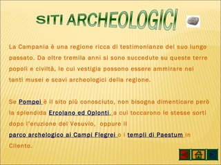 La Campania è una regione ricca di testimonianze del suo lungo passato. Da oltre tremila anni si sono succedute su queste terre popoli e civiltà, le cui vestigia possono essere ammirare nei tanti musei e scavi archeologici della regione. Se  Pompei   è il sito più conosciuto, non bisogna dimenticare però la splendida  Ercolano ed Oplonti ,  a cui toccarono le stesse sorti dopo l’eruzione del Vesuvio,  oppure il  parco archelogico ai Campi Flegrei  o i  templi di Paestum   in Cilento. 