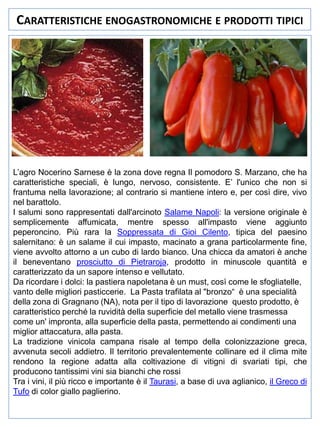 CARATTERISTICHE ENOGASTRONOMICHE E PRODOTTI TIPICI

L’agro Nocerino Sarnese è la zona dove regna Il pomodoro S. Marzano, che ha
caratteristiche speciali, è lungo, nervoso, consistente. E’ l'unico che non si
frantuma nella lavorazione; al contrario si mantiene intero e, per così dire, vivo
nel barattolo.
I salumi sono rappresentati dall'arcinoto Salame Napoli: la versione originale è
semplicemente affumicata, mentre spesso all'impasto viene aggiunto
peperoncino. Più rara la Soppressata di Gioi Cilento, tipica del paesino
salernitano: è un salame il cui impasto, macinato a grana particolarmente fine,
viene avvolto attorno a un cubo di lardo bianco. Una chicca da amatori è anche
il beneventano prosciutto di Pietraroja, prodotto in minuscole quantità e
caratterizzato da un sapore intenso e vellutato.
Da ricordare i dolci: la pastiera napoletana è un must, così come le sfogliatelle,
vanto delle migliori pasticcerie. La Pasta trafilata al "bronzo“ è una specialità
della zona di Gragnano (NA), nota per il tipo di lavorazione questo prodotto, è
caratteristico perché la ruvidità della superficie del metallo viene trasmessa
come un' impronta, alla superficie della pasta, permettendo ai condimenti una
miglior attaccatura, alla pasta.
La tradizione vinicola campana risale al tempo della colonizzazione greca,
avvenuta secoli addietro. Il territorio prevalentemente collinare ed il clima mite
rendono la regione adatta alla coltivazione di vitigni di svariati tipi, che
producono tantissimi vini sia bianchi che rossi
Tra i vini, il più ricco e importante è il Taurasi, a base di uva aglianico, il Greco di
Tufo di color giallo paglierino.

 