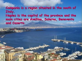 Campania is a region situated in the south of Italy. Naples is the capital of the province and the main cities are Avellino, Salerno, Benevento and Caserta. 
