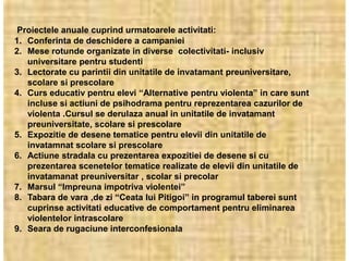 Proiectele anuale cuprind urmatoarele activitati:
1. Conferinta de deschidere a campaniei
2. Mese rotunde organizate in diverse colectivitati- inclusiv
   universitare pentru studenti
3. Lectorate cu parintii din unitatile de invatamant preuniversitare,
   scolare si prescolare
4. Curs educativ pentru elevi “Alternative pentru violenta” in care sunt
   incluse si actiuni de psihodrama pentru reprezentarea cazurilor de
   violenta .Cursul se derulaza anual in unitatile de invatamant
   preuniversitate, scolare si prescolare
5. Expozitie de desene tematice pentru elevii din unitatile de
   invatamnat scolare si prescolare
6. Actiune stradala cu prezentarea expozitiei de desene si cu
   prezentarea scenetelor tematice realizate de elevii din unitatile de
   invatamanat preuniversitar , scolar si precolar
7. Marsul “Impreuna impotriva violentei”
8. Tabara de vara ,de zi “Ceata lui Pitigoi” in programul taberei sunt
   cuprinse activitati educative de comportament pentru eliminarea
   violentelor intrascolare
9. Seara de rugaciune interconfesionala
 
