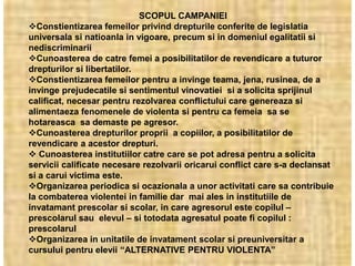 SCOPUL CAMPANIEI
Constientizarea femeilor privind drepturile conferite de legislatia
universala si natioanla in vigoare, precum si in domeniul egalitatii si
nediscriminarii
Cunoasterea de catre femei a posibilitatilor de revendicare a tuturor
drepturilor si libertatilor.
Constientizarea femeilor pentru a invinge teama, jena, rusinea, de a
invinge prejudecatile si sentimentul vinovatiei si a solicita sprijinul
calificat, necesar pentru rezolvarea conflictului care genereaza si
alimentaeza fenomenele de violenta si pentru ca femeia sa se
hotareasca sa demaste pe agresor.
Cunoasterea drepturilor proprii a copiilor, a posibilitatilor de
revendicare a acestor drepturi.
 Cunoasterea institutiilor catre care se pot adresa pentru a solicita
servicii calificate necesare rezolvarii oricarui conflict care s-a declansat
si a carui victima este.
Organizarea periodica si ocazionala a unor activitati care sa contribuie
la combaterea violentei in familie dar mai ales in institutiile de
invatamant prescolar si scolar, in care agresorul este copilul –
prescolarul sau elevul – si totodata agresatul poate fi copilul :
prescolarul
Organizarea in unitatile de invatament scolar si preuniversitar a
cursului pentru elevii “ALTERNATIVE PENTRU VIOLENTA”
 