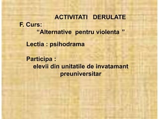 ACTIVITATI DERULATE
F. Curs:
      “Alternative pentru violenta ”
  Lectia : psihodrama

  Participa :
    elevii din unitatile de invatamant
              preuniversitar
 