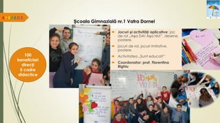 Școala Gimnazială nr.1 Vatra Dornei
R.E.S.P.E.C.T.
 Jocuri și activități aplicative: joc
de rol „Așa DA! Așa NU!”, desene,
postere.
 jocuri de rol, jocuri imitative,
postere.
 Activitatea „Sunt educat!”
 Coordonator: prof. Florentina
Bighiu
100
beneficiari
direcți
5 cadre
didactice
 