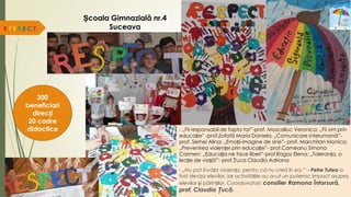 Școala Gimnazială nr.4
Suceava
R.E.S.P.E.C.T.
300
beneficiari
direcți
20 cadre
didactice - „Fii responsabil de fapta ta!”-prof. Moscaliuc Veronica; „Fii om prin
educație” -prof.Zofotă Maria Daniela; „Comunicare interumană”-
prof. Serhei Alina; „Emoții-imagine de sine”- prof. Marchitan Monica;
„Prevenirea violenței prin educație”- prof.Corneanu Simona
Carmen; „Educația ne face liberi”-prof.Rogoz Elena; „Toleranța, o
lecție de viață!”- prof.Țuca Claudia Adriana
- „Nu pot învăța violența, pentru că nu cred în ea.” – Petre Tutea a
fost deviza elevilor, iar activitățile au avut un puternic impact asupra
elevilor și părinților. Coordonatori: consilier Ramona Întorsură,
prof. Claudia Țucă.
 