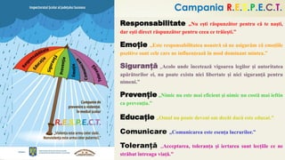 Campania R.E.S.P.E.C.T.
Responsabilitate „Nu eşti răspunzător pentru că te naşti,
dar eşti direct răspunzător pentru ceea ce trăieşti.”
Emoție „Este responsabilitatea noastră să ne asigurăm că emoțiile
pozitive sunt cele care ne influențează în mod dominant mintea.”
Siguranță „Acolo unde încetează vigoarea legilor și autoritatea
apărătorilor ei, nu poate exista nici libertate și nici siguranță pentru
nimeni.”
Prevenție „Nimic nu este mai eficient şi nimic nu costă mai ieftin
ca prevenţia.”
Educație „Omul nu poate deveni om decât dacă este educat.”
Comunicare „Comunicarea este esența lucrurilor.”
Toleranță „Acceptarea, toleranța și iertarea sunt lecțiile ce ne
străbat întreaga viață."
 