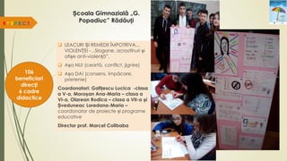 Școala Gimnazială „G.
Popadiuc” Rădăuți
 LEACURI ȘI REMEDII ÎMPOTRIVA...
VIOLENȚEI - ,,Slogane, acrostihuri și
afișe anti-violență”.
 Așa NU! (ceartă, conflict, jignire)
 Așa DA! (consens, împăcare,
prietenie)
Coordonatori: Gafițescu Lucica -clasa
a V-a, Moroșan Ana-Maria – clasa a
VI-a, Olarean Rodica – clasa a VII-a și
Șveduneac Loredana-Maria –
coordonator de proiecte și programe
educative
Director prof. Marcel Colibaba
R.E.S.P.E.C.T.
106
beneficiari
direcți
6 cadre
didactice
 