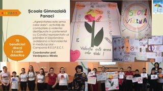 Școala Gimnazială
Panaci
„Agresivitatea este arma
celor slabi”- activități de
combatere a violentei
desfășurate in parteneriat
cu Consiliul reprezentativ al
părinților in Săptămâna
Județeana a Nonviolentei
in mediul școlar -
Campania R.E.S.P.E.C.T.
Coordonator prof.
Verdeșescu Mirela
R.E.S.P.E.C.T.
70
beneficiari
direcți
5 cadre
didactice
 