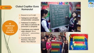 Clubul Copiilor Gura
Humorului
 Respectul se învață
 Înţelegerea semnificaţiei
componentelor campaniei
 Realizarea în echipă a
unor afişe şi a panoului de
promovare a campaniei
 Prezentarea unui material
video relevant: filmul
„Minunea” – prevenirea
bullying-ului
 Coordonatori: Radu
Mariana, Macarov
Maria, Tiron Marcel
R.E.S.P.E.C.T.
60
beneficiari
direcți
6 cadre
didactice
 