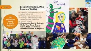 Școala Gimnazială ,,Mihai
Eminescu” Rădăuți
 Toleranța e atitudinea care ne
aduce prietenia!
 Violența nu e prietena mea!
 Violența - o boală ce poate fi
vindecată prin toleranță!
 Nu sunt violent!
 Coordonatori: Sascău Gabriela,
Bîndiul Vera Elena, Cîmpan
Lucica, Popa Ana Marcela,
Dumitrescu Liliana, Hîj Angelica
R.E.S.P.E.C.T.
210
beneficiari
direcți
8 cadre
didactice
 
