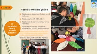 Școala Gimnazială Șcheia
 Realizare de desene avînd ca temă
Violența;
 Realizarea florii R. E.S.P.E.C.T.;
 Realizarea de compuneri cu tema
violenței;
 Vizionare de filme si prezentări
Power Point, având tema violenței.
https://www.monitorulsv.ro/Local/2019-02-
05/Activitati-de-preventie-a-violentei-din-
mediul-scolar-la-scoala-din-Scheia
Coordonator: prof. Camelia Vornicu
R.E.S.P.E.C.T.
77
beneficiari
direcți
5 cadre
didactice
 