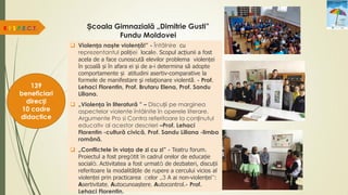 Școala Gimnazială „Dimitrie Gusti”
Fundu Moldovei
 Violența naște violență!” - Întâlnire cu
reprezentantul poliției locale. Scopul acțiunii a fost
acela de a face cunoscută elevilor problema violenței
în școală și în afara ei și de a-i determina să adopte
comportamente și atitudini asertiv-comparative la
formele de manifestare şi relaţionare violentă. - Prof.
Lehaci Florentin, Prof. Brutaru Elena, Prof. Sandu
Liliana.
 „Violența în literatură ” – Discuții pe marginea
aspectelor violente întâlnite în operele literare.
Argumente Pro si Contra referitoare la conținutul
educativ al acestor descrieri –Prof. Lehaci
Florentin -cultură civică, Prof. Sandu Liliana -limba
română.
 „Conflictele în viața de zi cu zi” - Teatru forum.
Proiectul a fost pregătit în cadrul orelor de educație
socială. Activitatea a fost urmată de dezbateri, discuții
referitoare la modalitățile de rupere a cercului vicios al
violenței prin practicarea celor „3 A ai non-violenței”:
Asertivitate, Autocunoaștere, Autocontrol.- Prof.
Lehaci Florentin.
R.E.S.P.E.C.T.
139
beneficiari
direcți
10 cadre
didactice
 