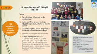 Școala Gimnazială Pîrteștii
de Sus
Teme:
 Agresivitatea și formele ei de
manifestare;
 Vizionare filme și scurt metraje
educative privind violența în mediul
școlar.
 „Cuvinte vrăjite”- jocuri de găsire a
cuvintelor asociate nonviolenței
 Expoziție cu imagini din activitate;
 Echipa de organizare: Prof.
Ucraineţ-Creţu Maria – consilier
educativ, Prof. Cîmpan Nicoleta
Oana, prof. înv. primar Strugariu
Elena, prof. înv. preșcolar Sahlean
Georgeta Irina - responsabil comisia
de prevenire și combatere a
violenței
R.E.S.P.E.C.T.
150
beneficiari
direcți
10 cadre
didactice
 