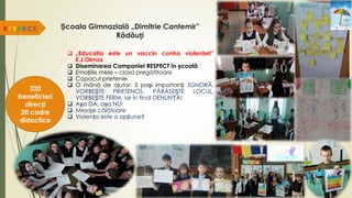 Școala Gimnazială „Dimitrie Cantemir”
Rădăuți
R.E.S.P.E.C.T.
320
beneficiari
direcți
20 cadre
didactice
 „Educaţia este un vaccin contra violenţei!”
E.J.Olmos
 Diseminarea Campaniei RESPECT în școală
 Emoțiile mele – clasa pregătitoare
 Copacul prietenie
 O mână de ajutor: 5 pași importanți :IGNORĂ,
VORBEȘTE PRIETENOS, PĂRĂSEȘTE LOCUL,
VORBEȘTE FERM, iar în final DENUNȚĂ!
 Așa DA, așa NU!
 Mesaje călătoare
 Violența este o opțiune?
 
